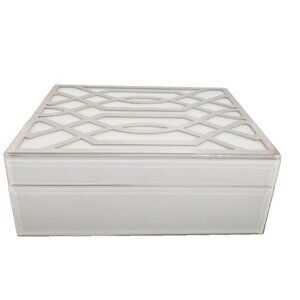 White Glass & Silver Diamond Design De Orative Jewelry Box With Black Felt 9"3/4